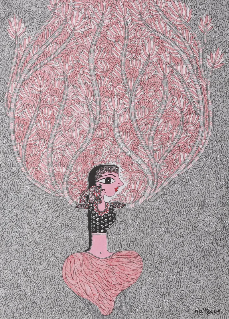 Feminine Tree - Madhubani painting by Bharti Dayal