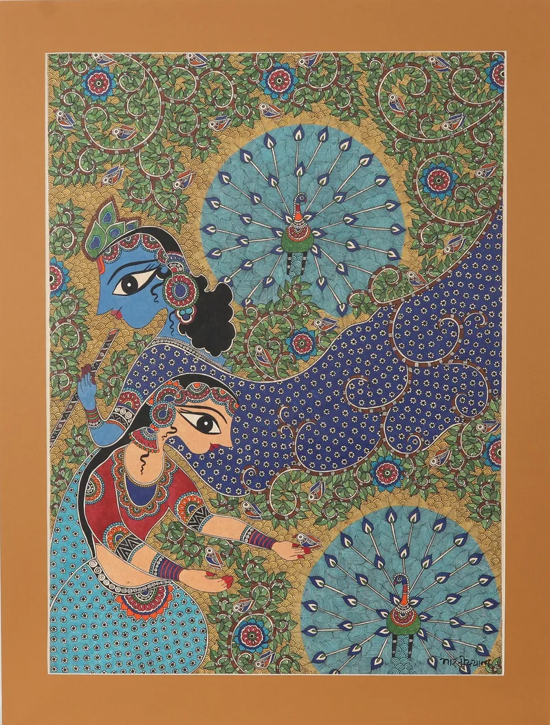 Peaceful Love of Radha Krishna - Madhubani painting by Bharti Dayal