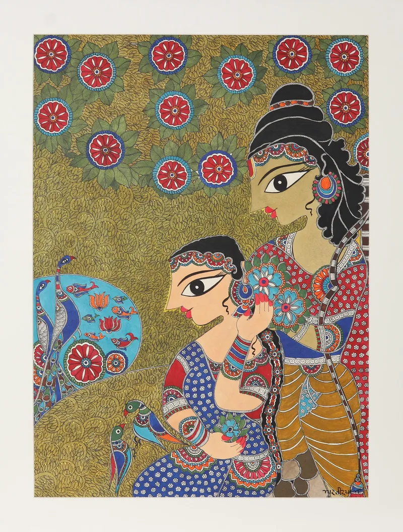 Ram Sita in Chirtrakoot - Madhubani painting by Bharti Dayal